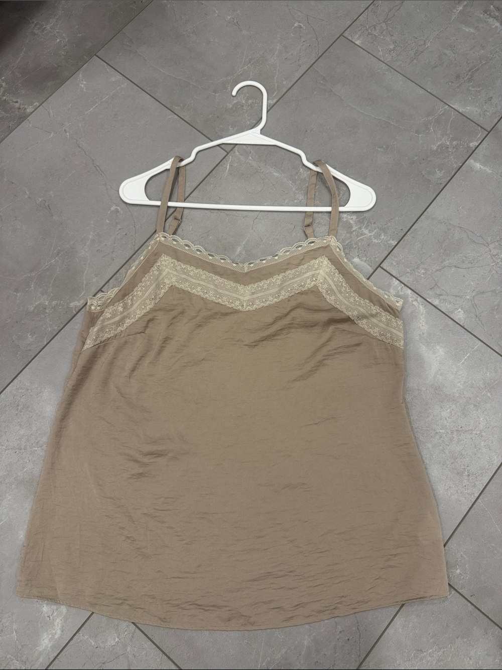 CAbi Taupe Slip Cami with Cream Lace Trim